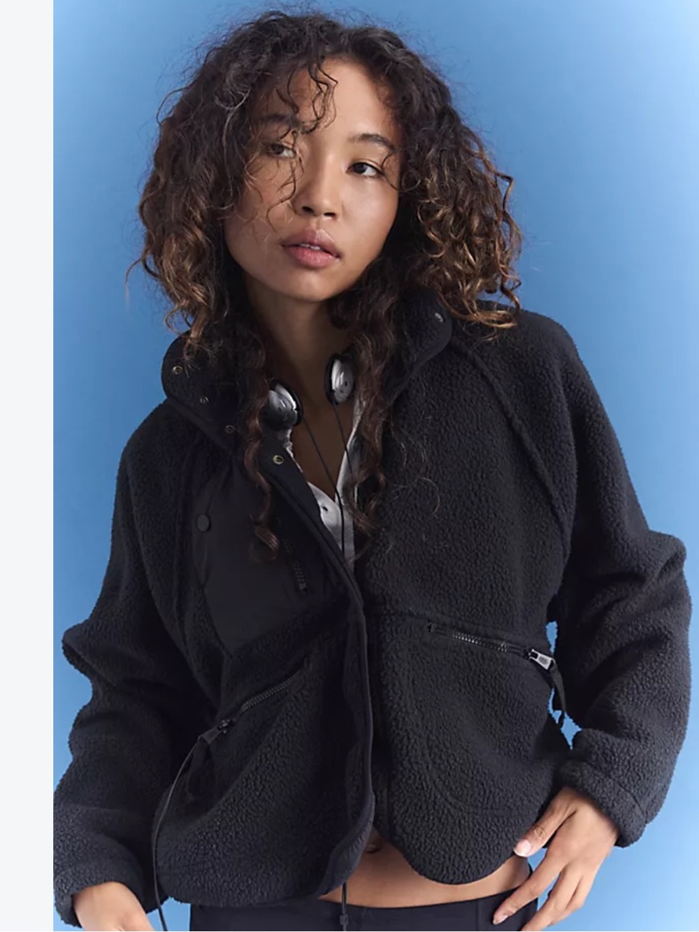 FP Movement Hit the Slopes Free People Black Sherpa Teddy Jacket  Zip Pockets